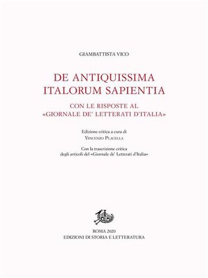 cover image of De Antiquissima Italorum Sapientia con le Risposte al «Giornale de' letterati d'Italia»